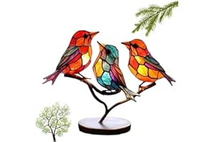 DABATO Stained Glass Birds On Branch Desktop Ornaments, Acrylic Multicolor Hummingbird Craft Statue, Bird Series Alloy Decorations, Stain Glass Ornament for Home and Office Desk Decorations (C)