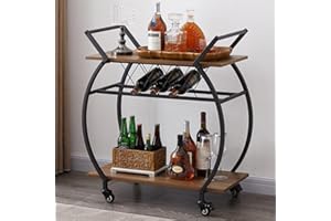 LVB Bar Cart with Wine Rack, 2 Tier Kitchen Cart on Wheels, Modern Wood and Metal Portable Coffee Cart Table for Home, Utility Industrial Mobile Serving Cart with Storage Shelf, Rustic Oak