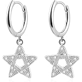 Watforsh Sterling Silver Star Hoop Earrings for Women Huggie Dangle Earrings with Cubic Zirconia Drop for Celestial Jewelry