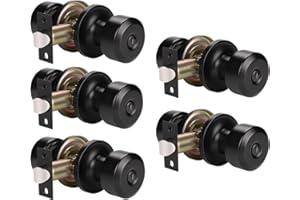 KNOBWELL 5 Pack Interior Door Knobs Privacy Door Knob, Locking Door Knob for Bed or Bath Function Interior Door Use, Matte Black, Round Shape