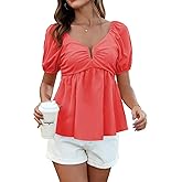 Upopby Women's Sexy Deep V Neck Tops for Women Trendy Summer Flowy Shirts Peplum Puff Short Sleeve Blouse