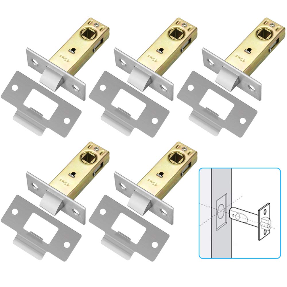 RMENOOR 5 Pcs Tubular Mortice Fasteners, 45mm Chrome Latches, Premium Door Mechanism with Polished Plate & Screws for Internal Doors, Fits Most Lock Handles