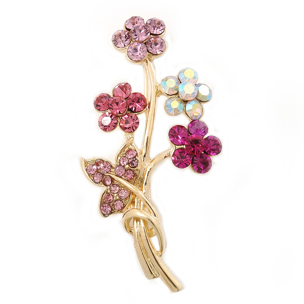 Pink/Magenta/AB Crystal 'Bunch Of Flowers' Brooch In Gold Plating - 50mm Length