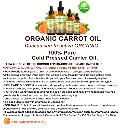 ORGANIC CARROT OIL 100% Natural / Pure Botanicals / Cold Pressed Carrier Oil 1 Fl. oz. -30 ml. For Face, Body, Hair and Nail Care. by Botanical Beauty