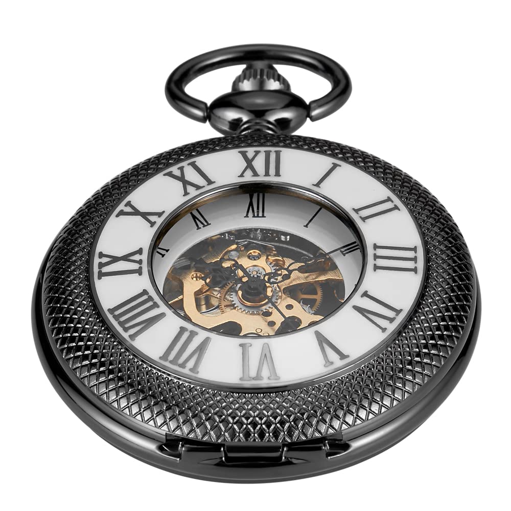 Tiong Crystal Cover Roman Numeral Mechanical Pocket Watch, Retro Men's Steampunk Skeleton Mechanical Pocket Watch