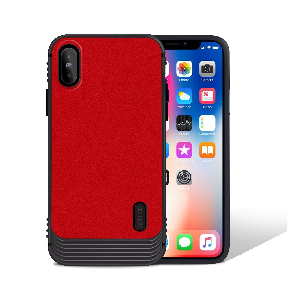 iPhone X case, MagicSky Ultra Slim Premium PU Leather Shock-absorbing Protective Bumper Case Cover with Built-in Nickel Metal Plate work with Universal Magnetic Phone Car Mount Holder - Red