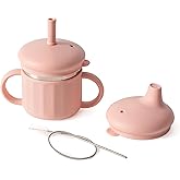 SELECTSHEN Stainless Steel Sippy Cup with Platinum Silicone Sleeve, Spill-Proof Spout & Pull-Proof Straw –Training Cup for Kids,Leak-Resistant, BPA-Free, Dishwasher Safe, with Handles & Brush