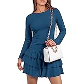 Wenrine Womens Fall Long Sleeve Mini Dress Casual Boat Neck Ruffle Hem Ruched Slim Fit Party Dresses