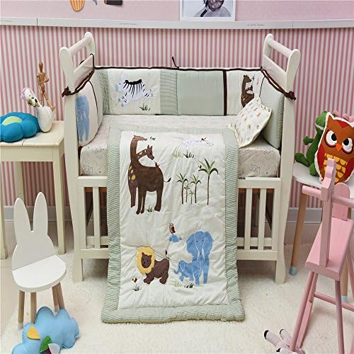 Forest Animals Crib Bedding Set Zebra Elephant Lion Giraffe Whit Cotton Crib Set 4 PCs 1 Quilt+1 Fitted sheet + 1 Pillow + 1 Bumper
