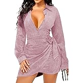 SeNight Dresses for Women Sexy Ruched Sparkly Bodycon Long Sleeve Deep V Neck Club Mini Dress for Party Club Night