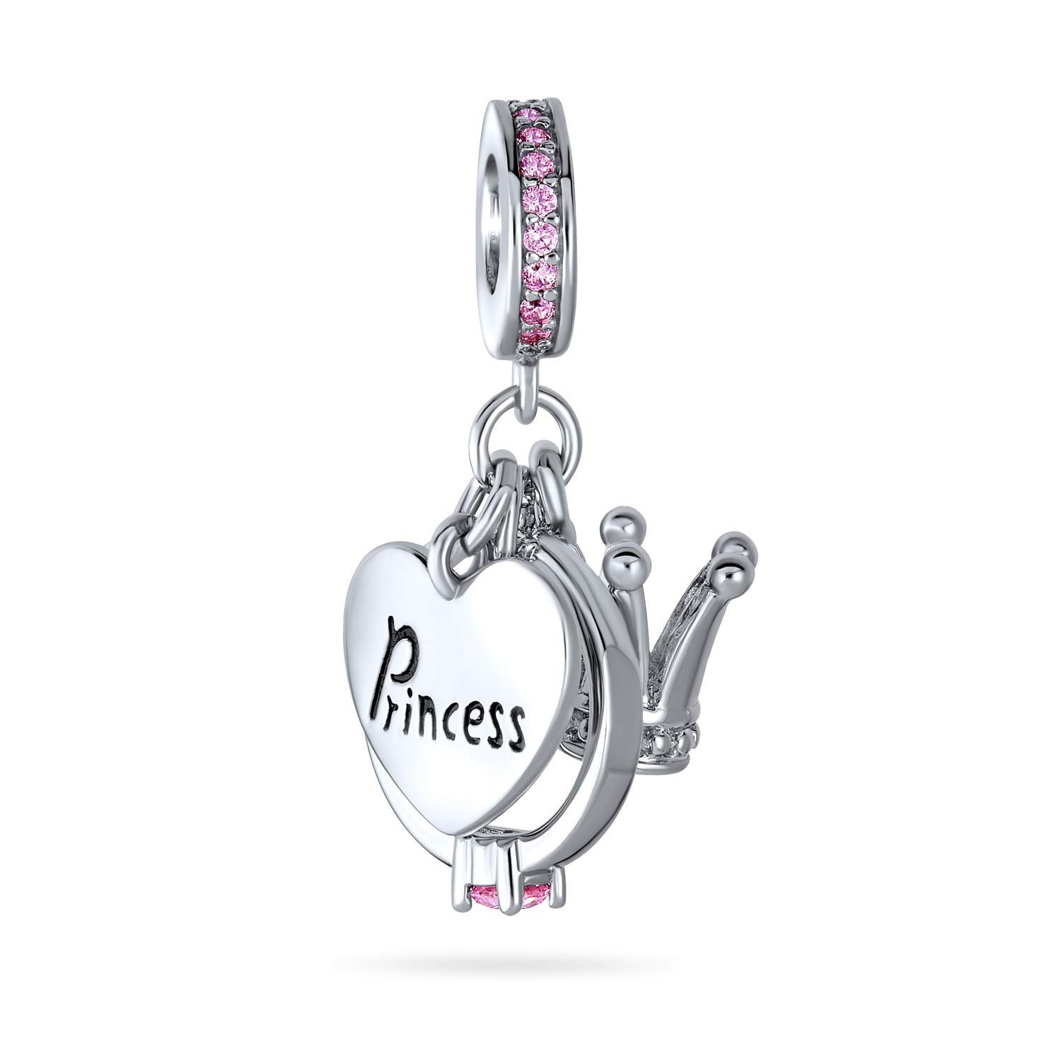 Bling Jewelry Princess Heart Crown Ring Pink Crystal Bail 3 Dangle Charm Bead For Women .925 Sterling Silver Fits European Bracelet