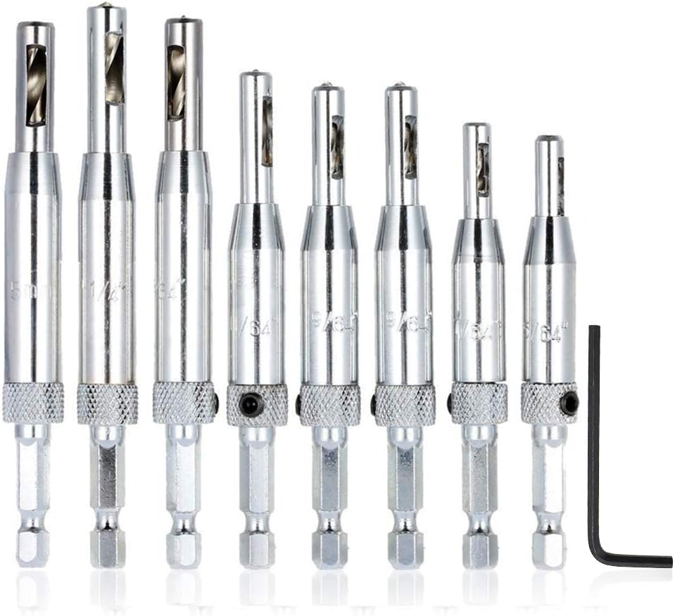 AFUNTA 8 pcs Center Drill Bit Set,Self Centering Hinge Tapper Core Hole Puncher Woodworking Tools for Cabinet Door 5/64'' 7/64'' 9/64'' 11/64'' 13/64'' 5mm 1/4'' with 1 pcs Hex key