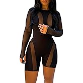 magorange Women Sexy Mesh See Through Jumpsuits Long Sleeve Patchwork Shorts Bodycon Romper Club Outfits