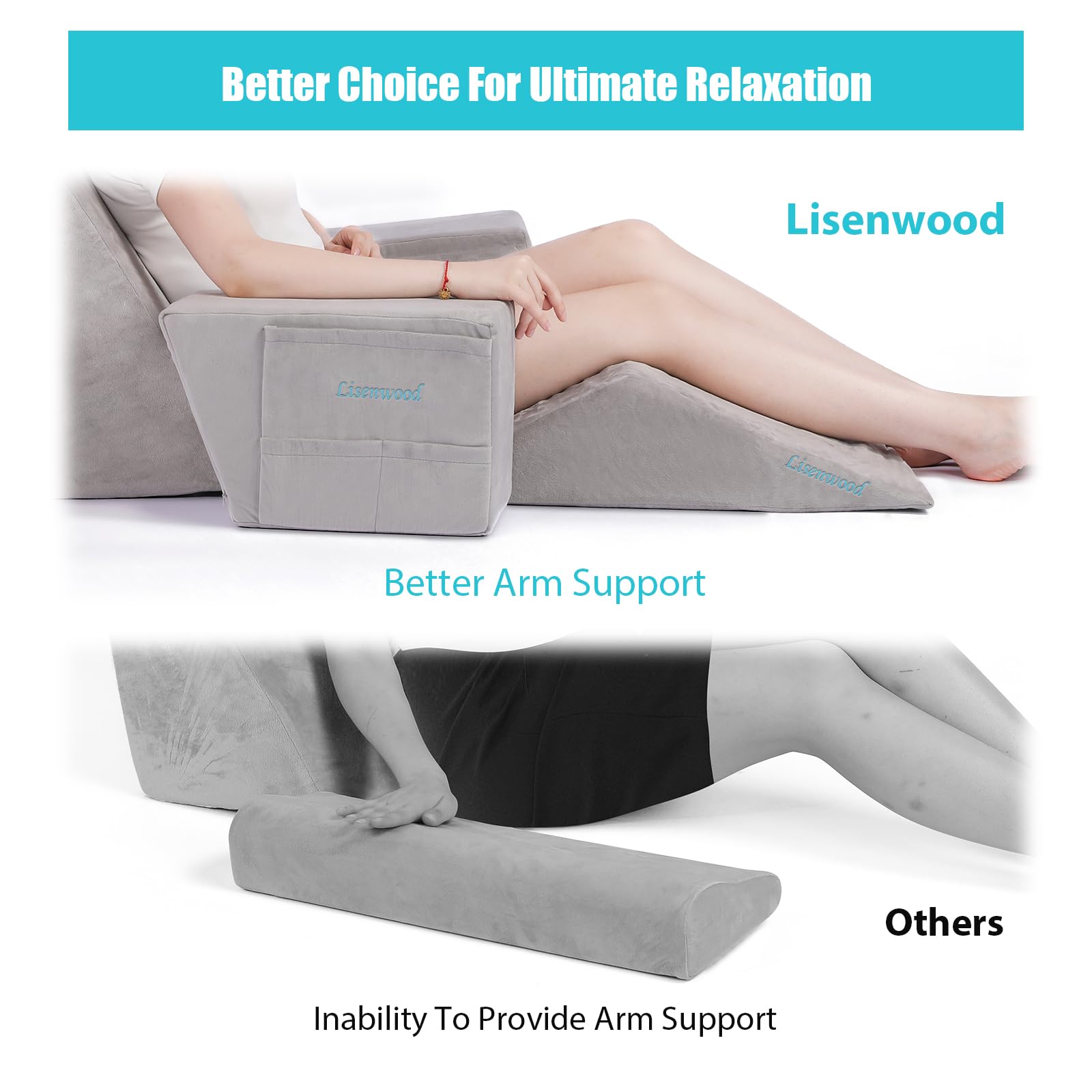 Foam Bed Wedge Pillow Set - Reading Pillow & Back Support Wedge Pillow for Sleeping - 4 Separated Sit Up Pillows for Bed - Angled Bed Pillow, Triangle Pillow for Back and Legs Support Gray