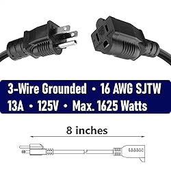 6-Pack 8-inch 16 SJTW AWG Heavy Duty Power Cord 3