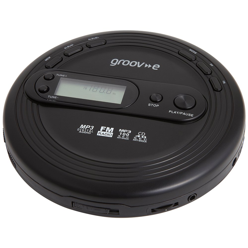 Groov-e RETRO Radio CD Player - Personal FM Radio with CD-R, CD-RW, & MP3 Music Playback - Anti-Skip Protection, Programmable Tracks - Earphones Included - Micro-USB or Battery Powered - Black