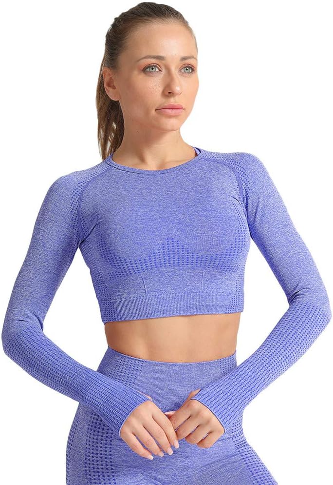 SotRong Women Fashion Hollow Out Workout Gym Crop Tops Long Sleeve Yoga T-Shirt Fitness Tees Outfit (Only Tops,Leggings are't Included)