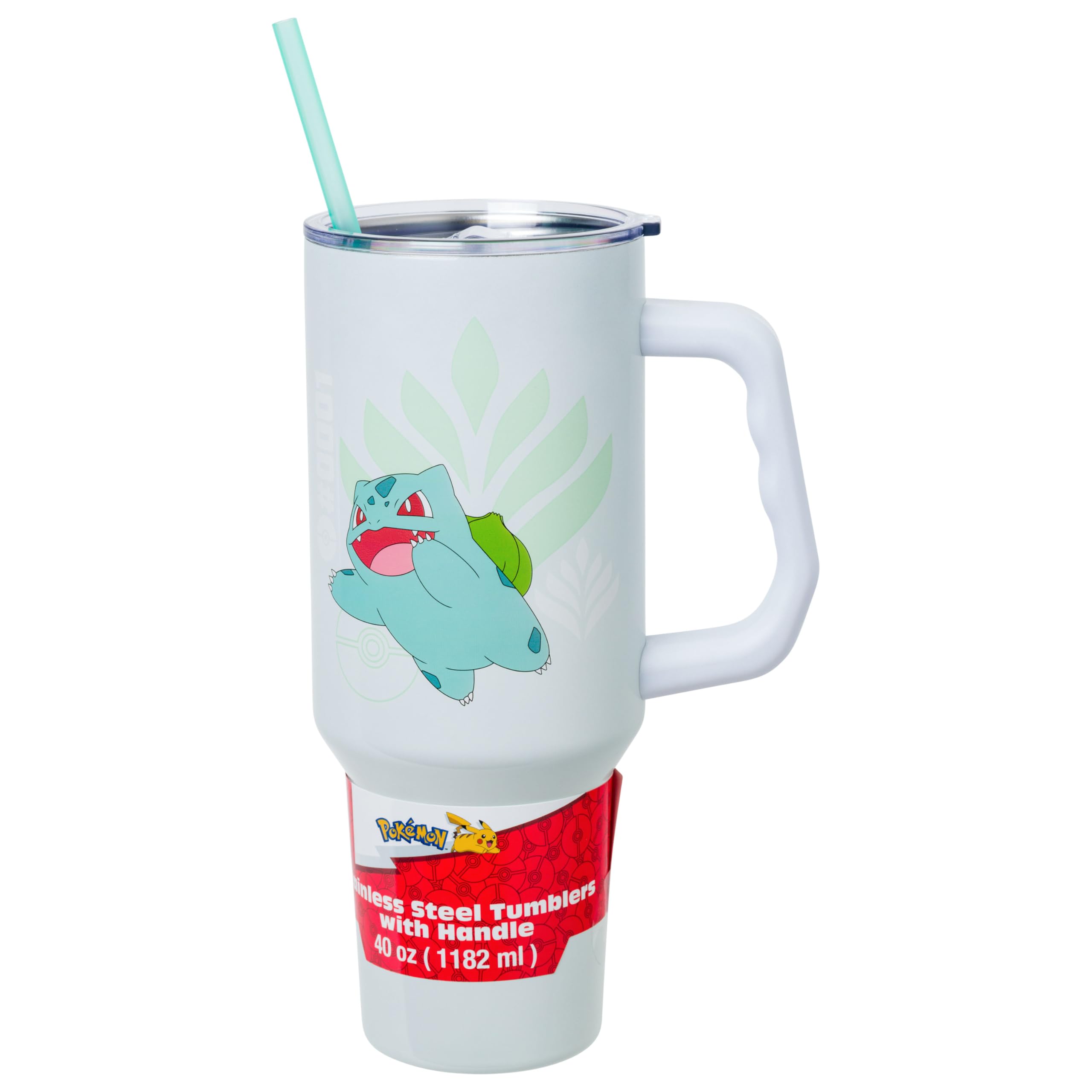 Silver Buffalo Pokémon Stainless Steel Tumbler with Handle Featuring Bulbasaur, Fits in Standard Cup Holder, 40 Ounces