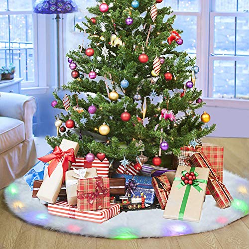 BIGOU Christmas Tree Skirt with LED Light, 30 Inch 2 Modes Snow White Luxury Faux Fur Tree Skirts Base Cover Floor Mat Christmas Lighting Decorations for Xmas Party Holiday Home Garden