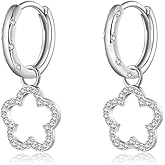 Reffeer Solid 925 Sterling Silver Flower Hoop Earrings Dangle for Women Teen Girls CZ Flower Drop Earrings Huggie Dangle Earrings