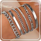 6pcs Gold Bracelets For Women Trendy Silver Bracelets Stack Non Tarnish Thin Dainty Cuban Link Accessories Jewelry