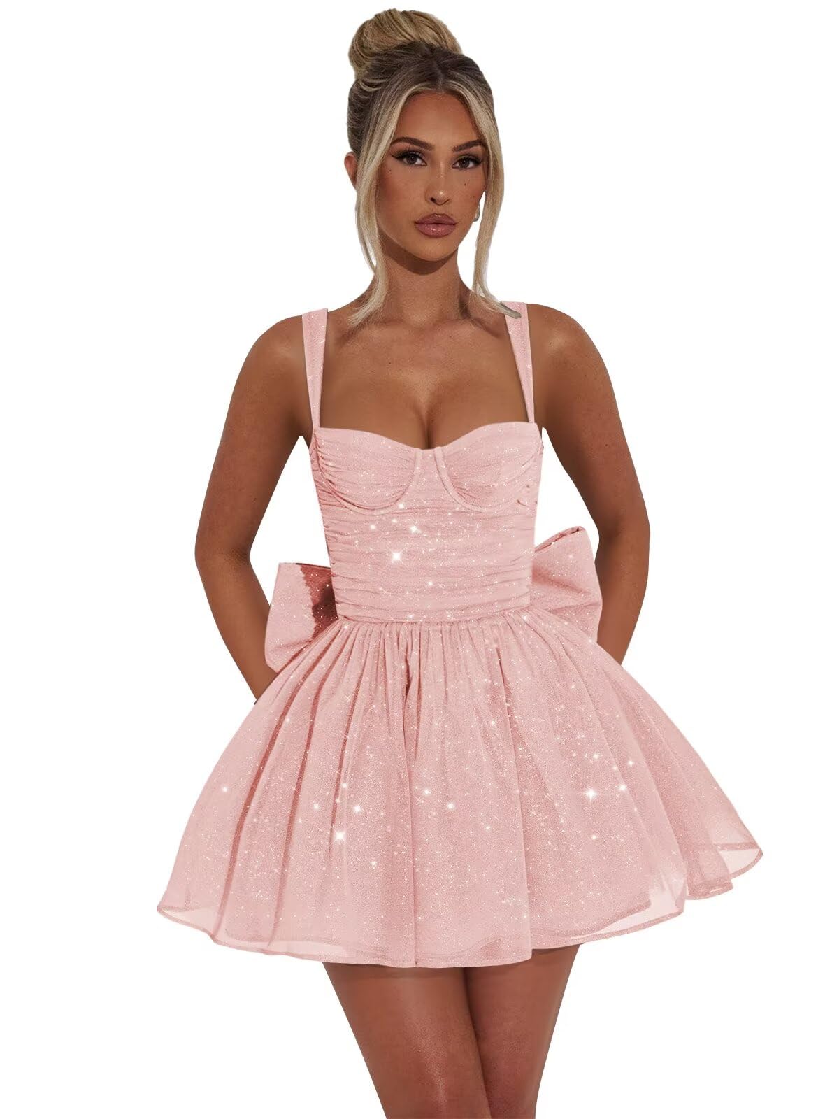 Photo 1 of DHRFYJ Sparkly Tulle Homecoming Dress Blush Pink Mini Short Tight A-Line Spaghetti Straps Prom Cocktail Party Dress with Bow US4