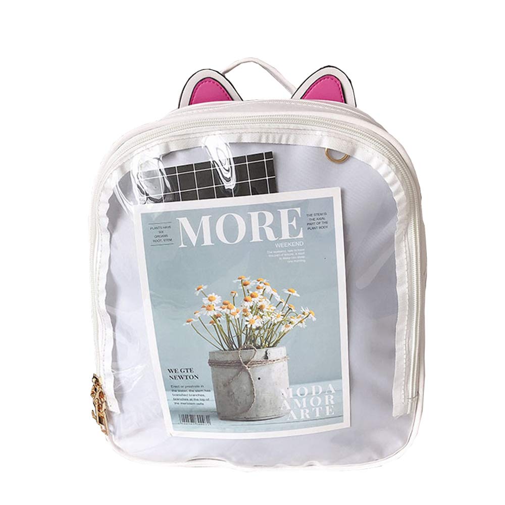 KEEPOP Ita Backpacks Girls Cute School Rucksack Cat Ears Design Daypack Ladies Summer Beach Bag Transparent Windows for DIY Pins Decors, Off White
