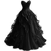 TRHTX Gothic Wedding Dresses for Bride Layered Tulle Black Bridal Gown Lace Applique Sweetheart Wedding Gowns