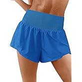 Fisoew Womens Running Shorts Workout Elastic High Waisted Loose Fit 2 in 1 Gym Yoga Biker Shorts Blue