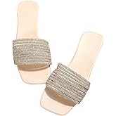 GORGLITTER Women's Rhinestone Sparkly Sandals Glitter Square Open Toe Dressy Summer Flat Sandals