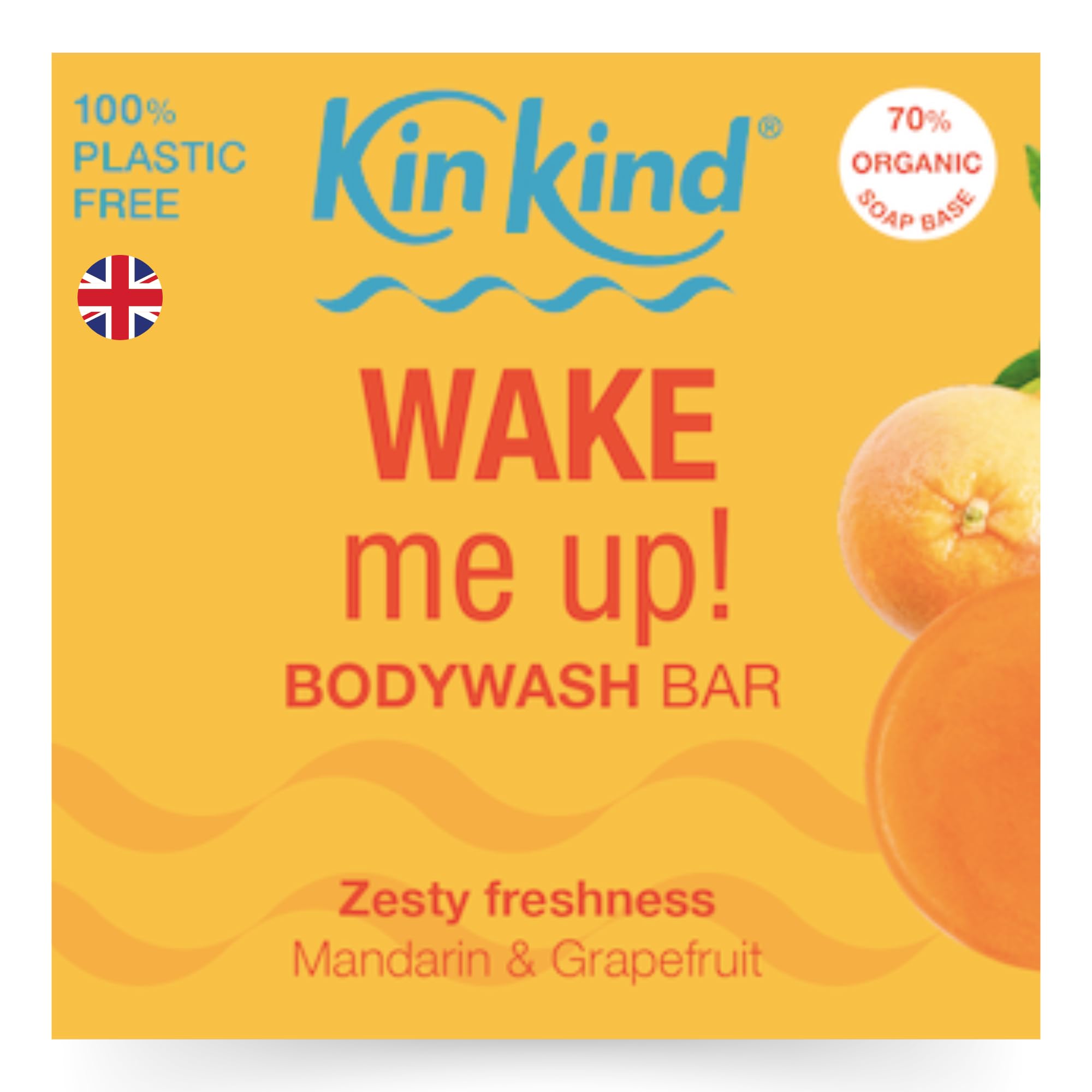 KinKind WAKE me up! BodyWash bar. Zesty freshness with foaming Mandarin and Grapefruit fragrance. Up to 30 washes, plastic & paraben free. Vegan. UK hand-made. — image 1