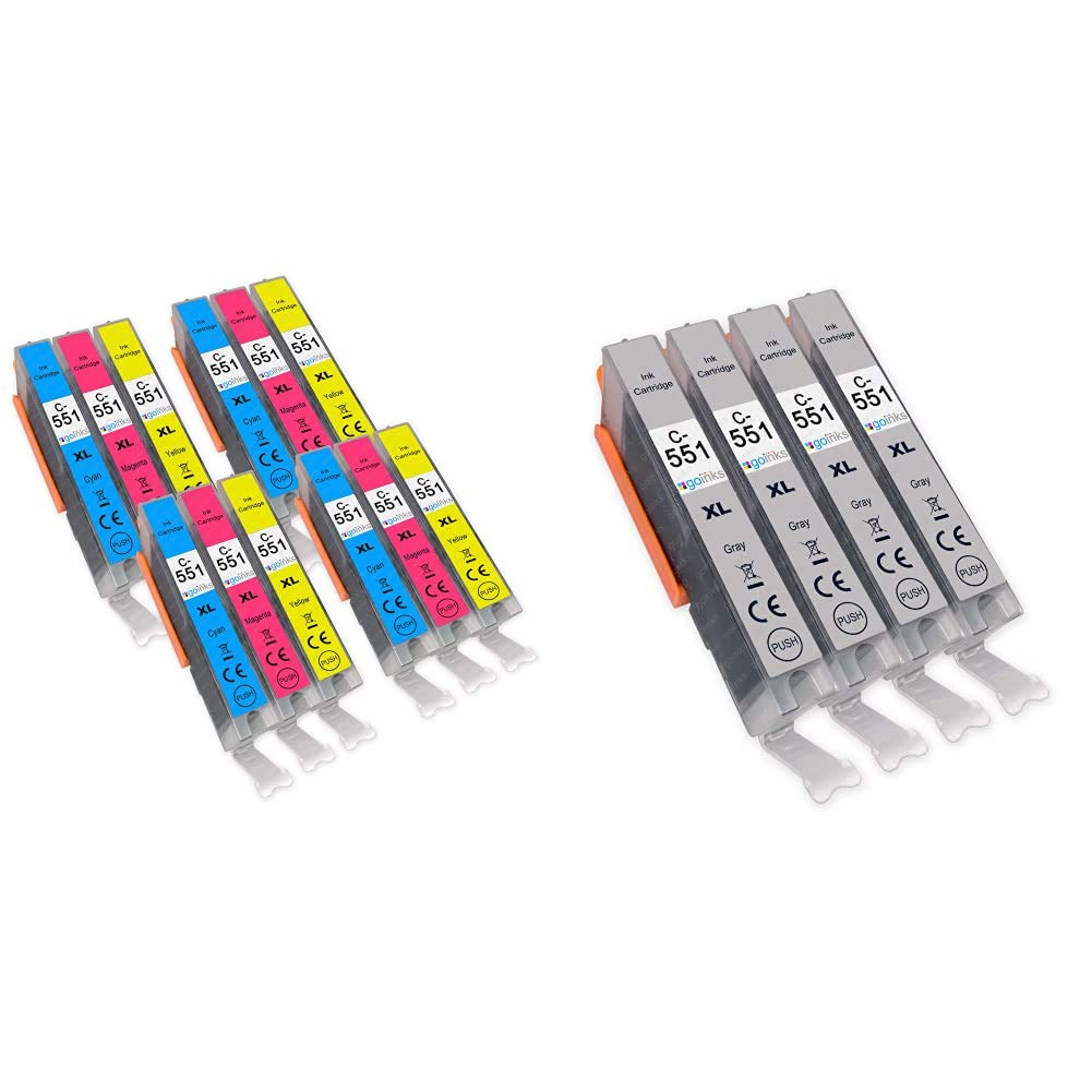 Go Inks 4 C/M/Y Set of 3 Ink Cartridges to replace Canon CLI-551 Compatible/non-OEM for PIXMA Printers (12 Pack) & Grey Ink Cartridges to repalce Canon CLI-551GY Compatible/non-OEM for PIXMA Printers
