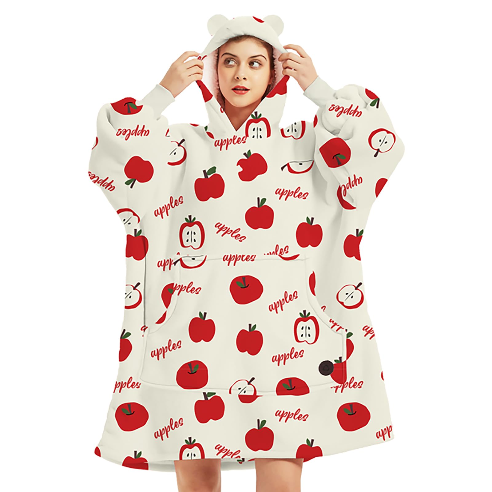 THREE POODLE Wearable Blanket Hoodie for Women, Oversized Sherpa Sweatshirt Blanket for Adults Men, Warm Cozy Apple Hooded Blanket, Gifts for Mom Girlfriend Sister Image