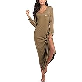 COLORFULLEAF Nightgowns for Women Long Sleeve V Neck Nightshirts Soft Full Length Sleepwear with Pockets