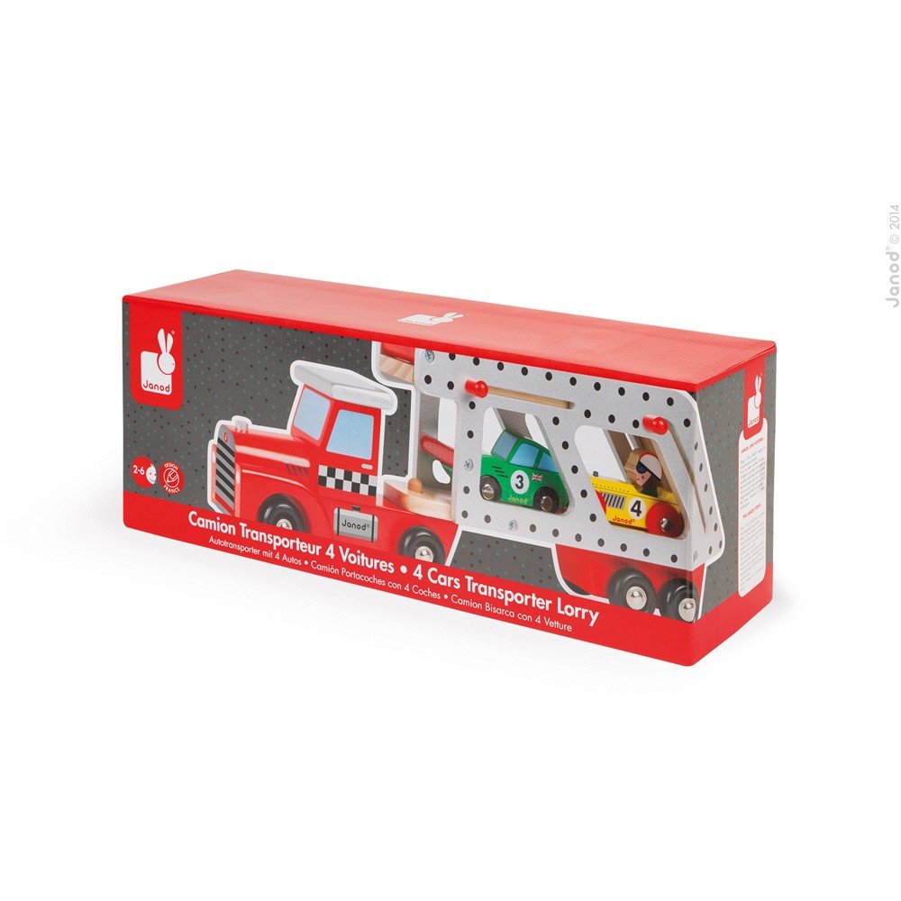 Janod - From 2 years old - Large Wooden Car Carrier - 4 Wooden Cars Included - Develops Imagination - J08572