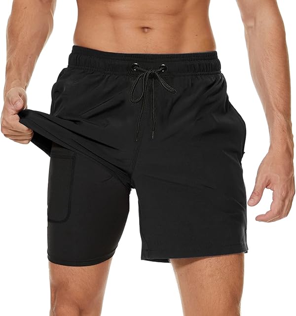 Arcweg Badehose für Herren mit Kompression Liner 2 in 1 Atmungsaktiv Badeshorts Männer Elastisch Trainingsshorts Verstellbar Tunnelzug mit Reißverschlusstaschen