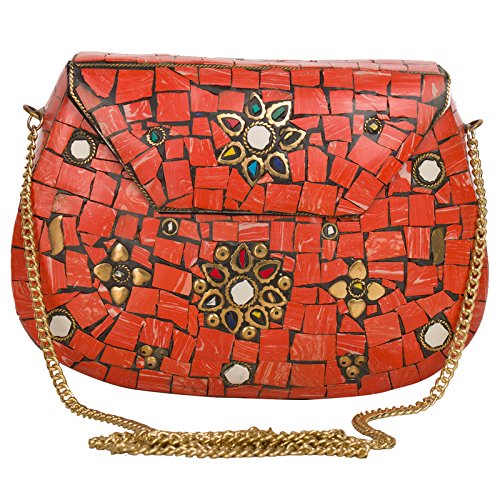 Sojanya (Since 1958), Womens Handmade Metal Clutch cum Sling Bag, Tangerine Orange