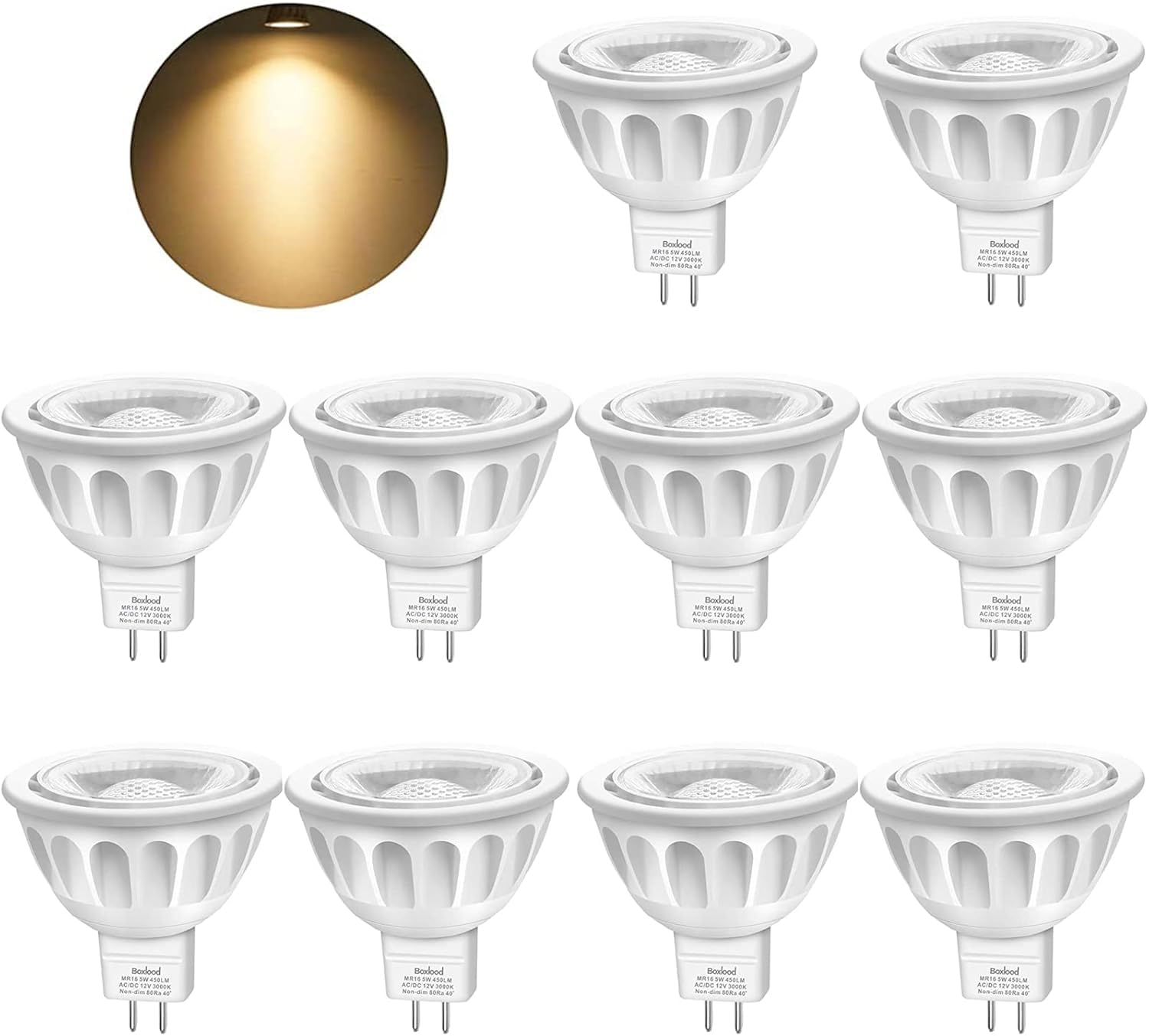 Boxlood 10 Pack MR16 LED Bulbs, 3000K Warm White Light Color, 40 Degree Beam Angle, AC/DC 12V, 5W 450lm 50W Halogen Bulb Equivalent