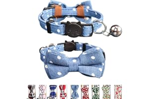 THAIN Cat Collar Breakaway with Bell and Bow Tie Safety Buckle with Name Tag Denim Dots Adjustable 7-11 inches for Kitten Cats(Denim Dots)
