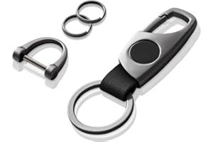 Gkeygo Carabiner Keychain, Key Chains for Car Key with 2 Key Rings and Anti-Lost D-Ring, Multifunctional Leather Keychains for Men and Women – Grey(Black Leather)