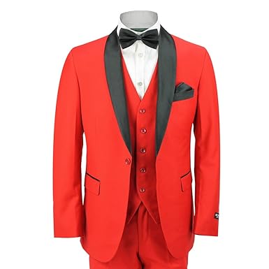 Mens Black Shawl Lapel 3 Piece Red Formal Suit Slim Fit Tux