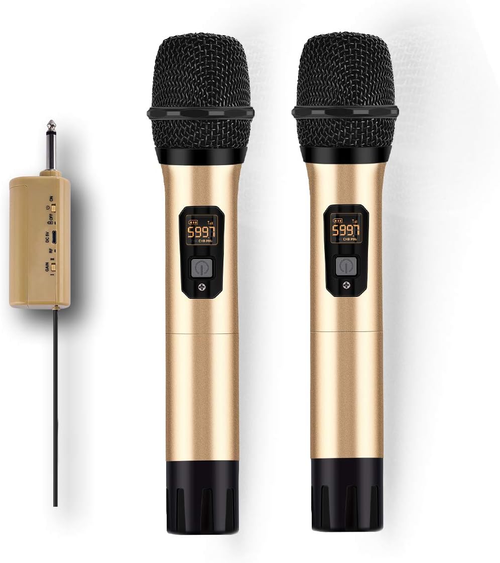 Wireless Microphone System, UHF Dual Handheld Dynamic Mic Set with Rechargeable Receiver, 1/4" Plug,100 ft, for Karaoke/Parties/Singing