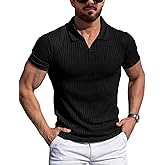 YTD Men's Muscle V Neck Polo Shirts Slim Fit Solid Short Sleeve Golf T-Shirts Ribbed Knit Soft Tees