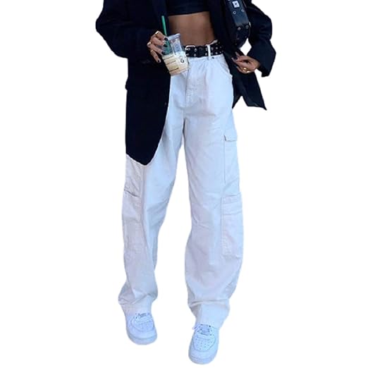 Buy Women High Waisted Baggy Jeans Wide Leg Straight Cargo Pants Casual Loose Denim Trousers 