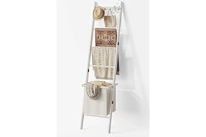 BAMBANG Blanket Ladder with Basket, 5- Tier Blanket Quilt Holder Towel Rack with 4 Hooks for Living Room, Wall Leaning Decora