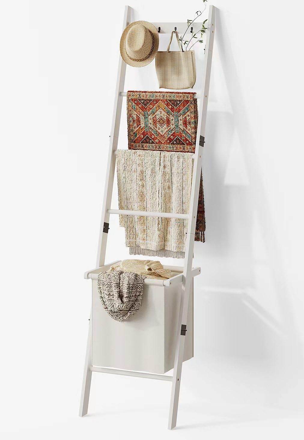 Photo 1 of BAMBANG Blanket Ladder with Basket, 5- Tier Blanket Quilt Holder Towel Rack with 4 Hooks for Living Room, Wall Leaning Decorative Ladder Shelf with Storage Hamper, Bamboo White