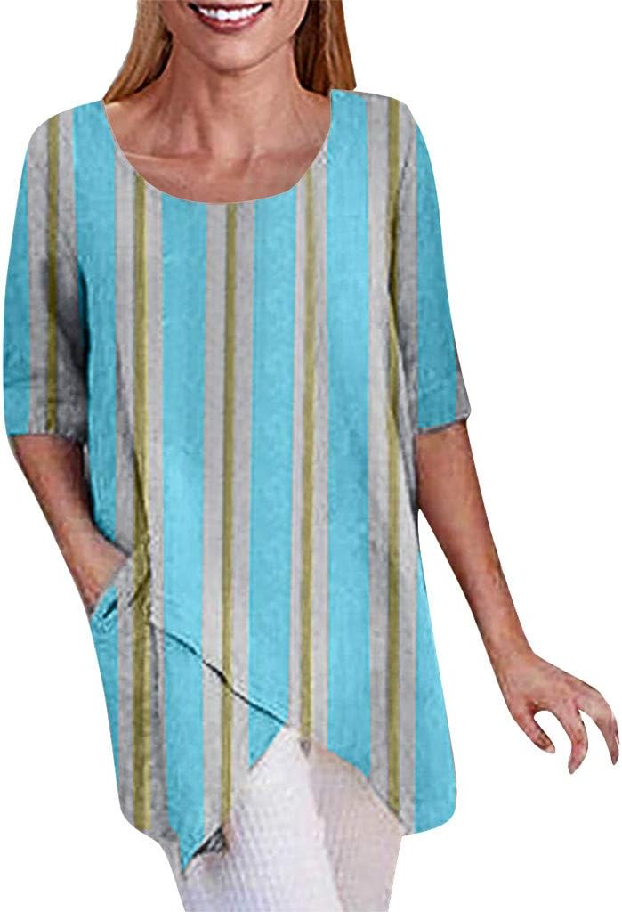 Women Stripe Printing Plus Size Irregularity Half Sleeve Tops Loose Blouse Shirt Tee Top