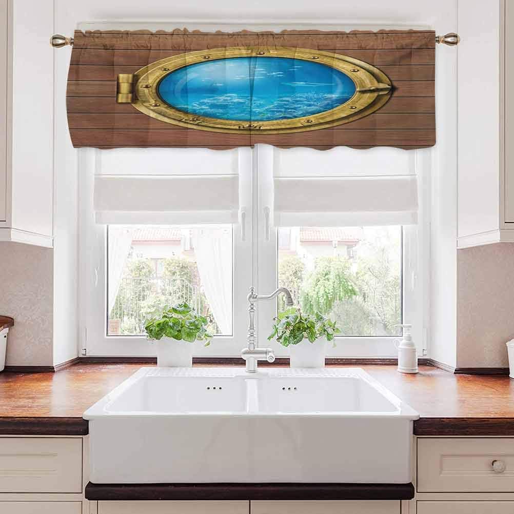 Shark Window Valances, Submarine Chamber Window with A View of Coral Reef Swimming Fishes, 54" x 18", Pale Caramel Blue Gold