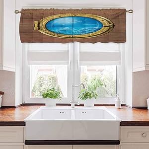 Shark Window Valances, Submarine Chamber Window with A View of Coral Reef Swimming Fishes, 54" x 18", Pale Caramel Blue Gold