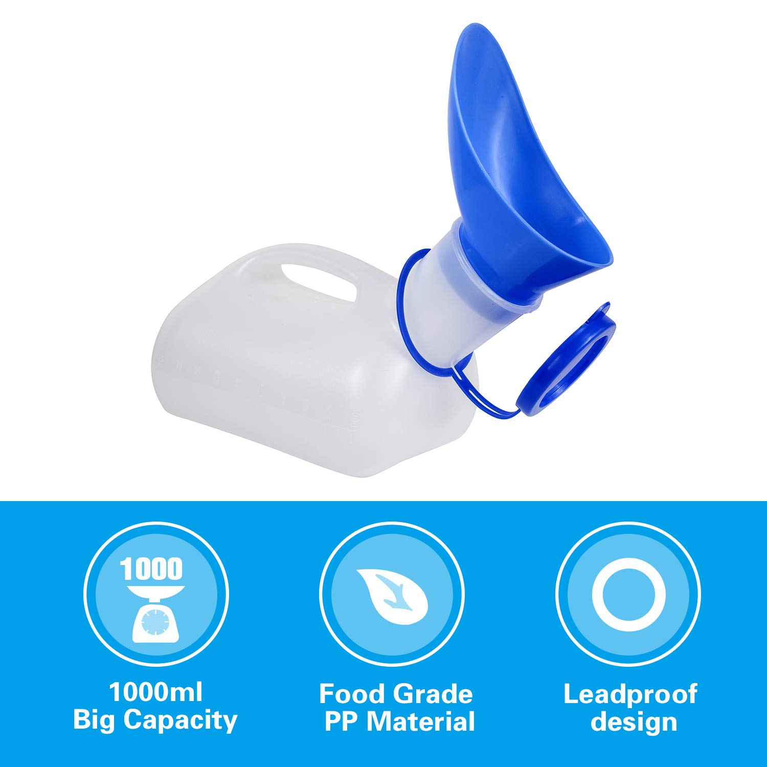 AWOKEN Unisex Urinal, Portable Toilet Urinal for Men and Women, Pee Bottle with a Sealed Lid and Funnel for Elderly Kids and Patients for Camping Outdoor Travel (Blue-1 Set of Urinal)
